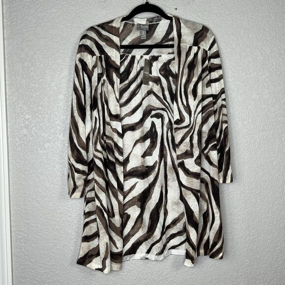 New Chicos Size XL Linen Blend Cardigan Zebra Animal Print Casual Neutral - Picture 2 of 6